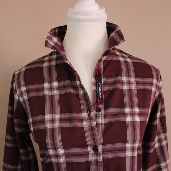 Women's Burgundy & White Plaid Shirt Dress/Tunic Lightweight Button Up SZ M - Picture 4 of 8
